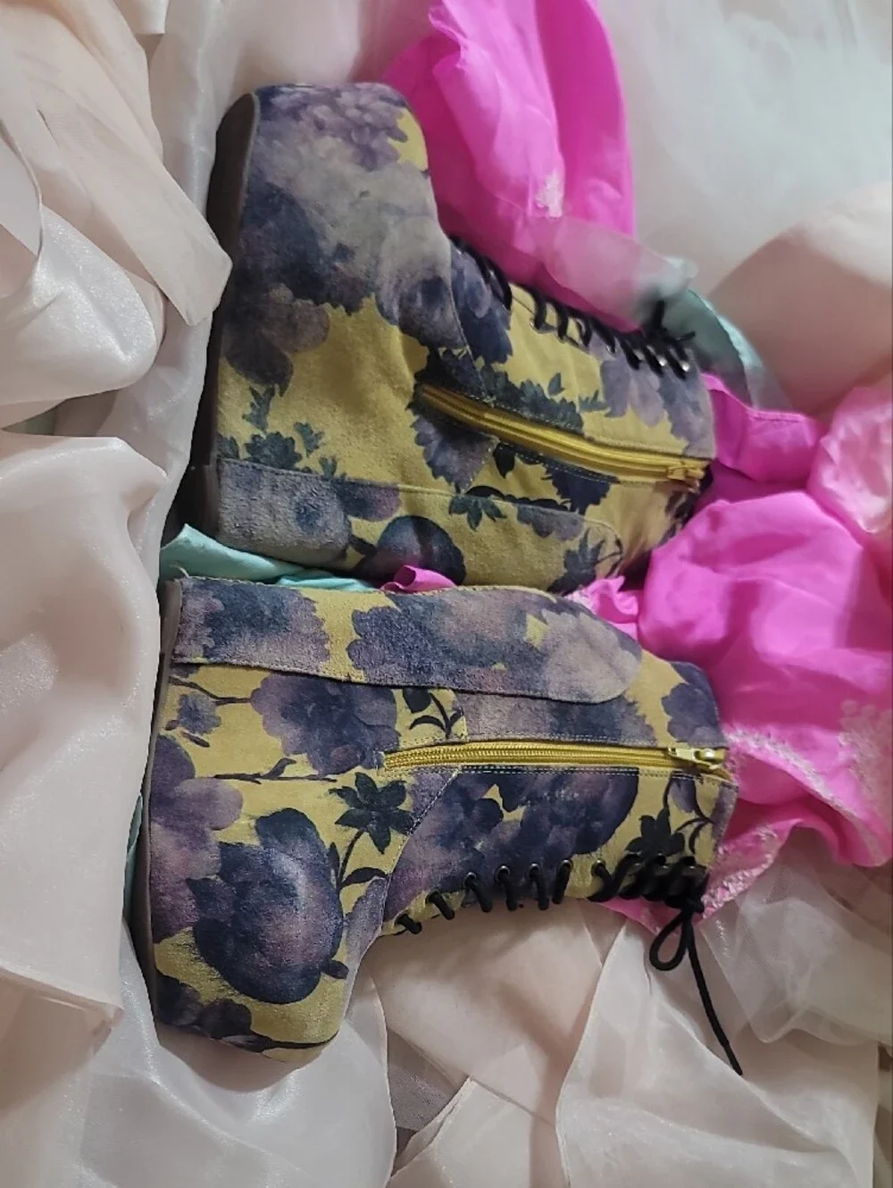 Jeffrey Campbell Floral Purple and Yellow Lace-Up Wedge Booties Leather